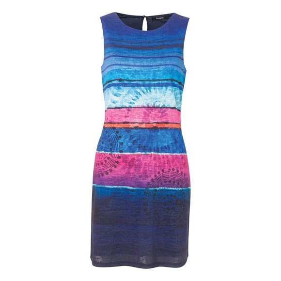 Desigual ADANA Blue Sleeveless Dress Striped Round Neck Pink Keyhole Shi… - Picture 1 of 6